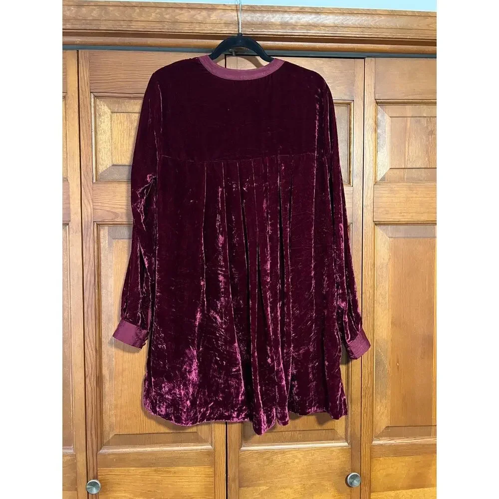 Free People Women's Choose Me Velvet Mini Dress Burgundy Babydoll Boho Size M
